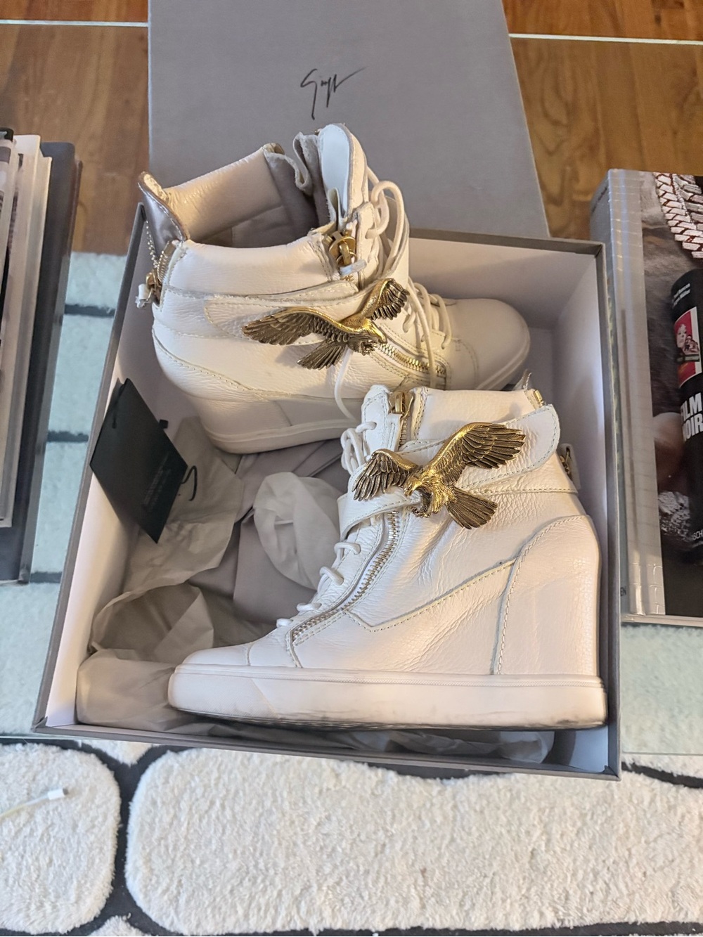 Giuseppe Zanotti White Leather Wedge High-Top Sneakers with Gold Eagle Hardware